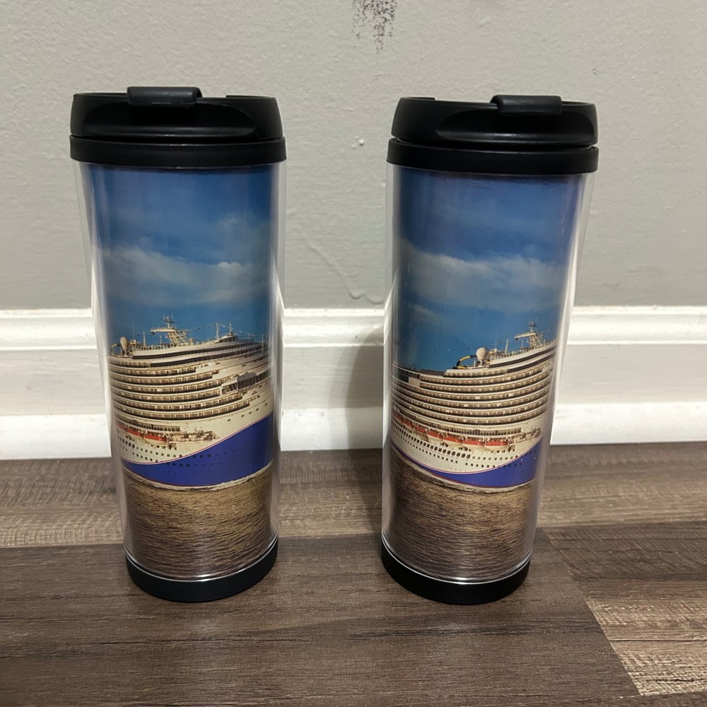 Carnival Cruise Ship Tumblers Travel Mugs With Lids 2 Blue Graphic Coffee Tea